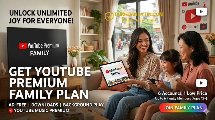 Gói YouTube Premium Family Giá Rẻ 2026 | Chia Sẻ 6 Người